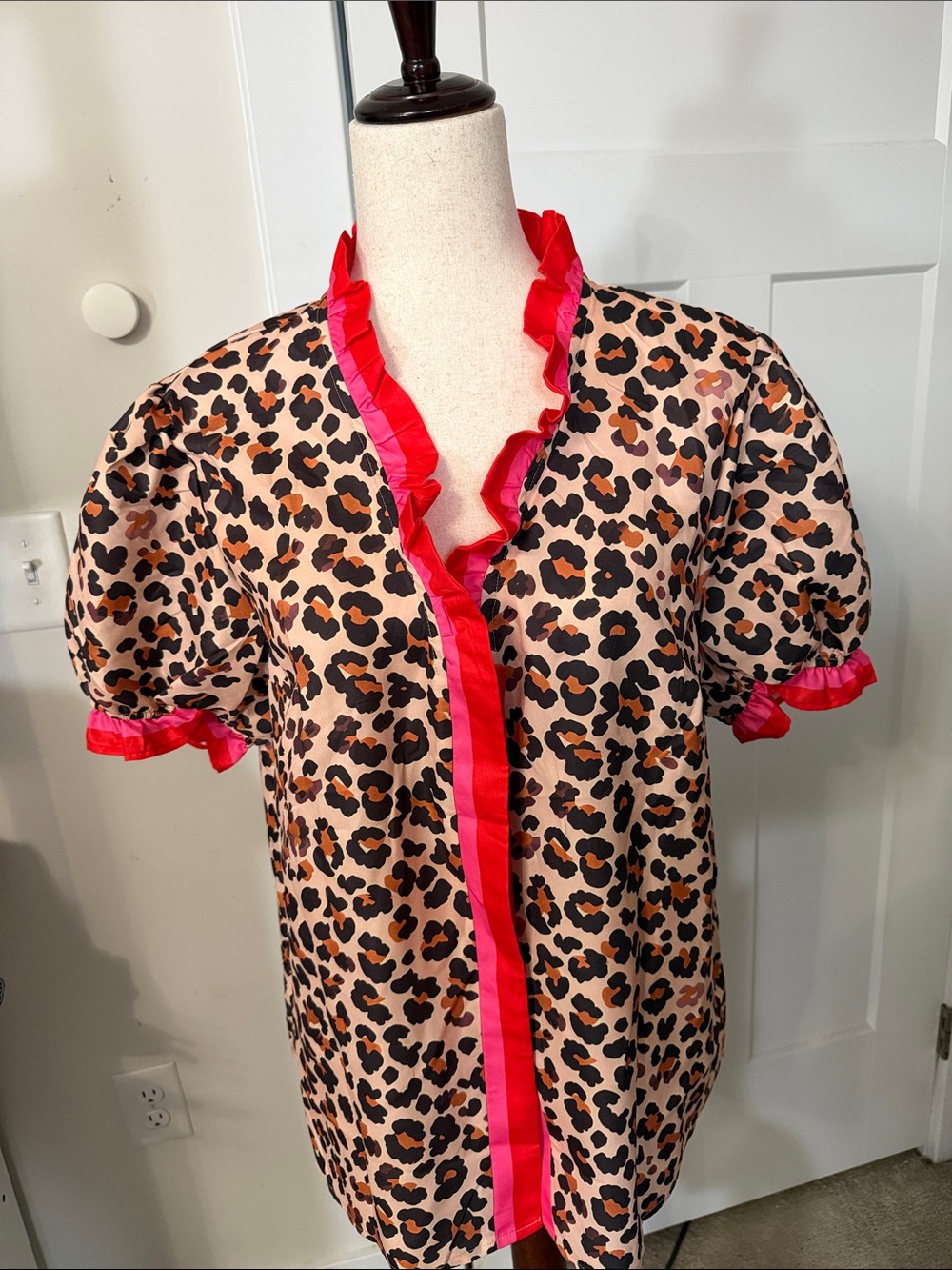 Leopard Print Puff Sleeve Blouse with Hot Pink Ruffle Trim